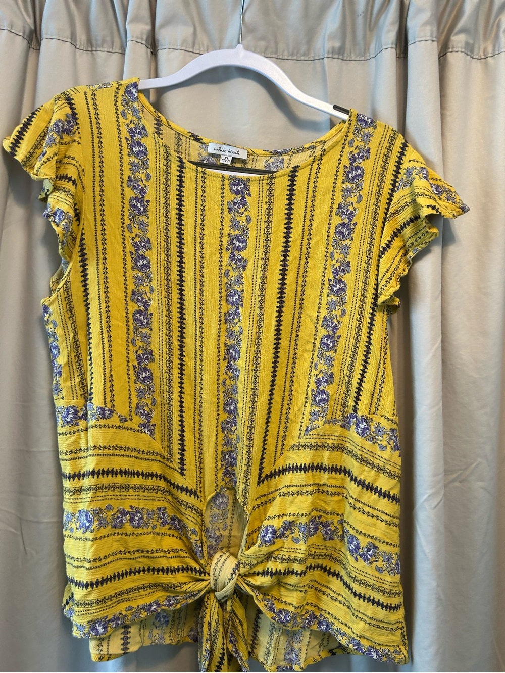 white birch Yellow Floral Stripe Tie-Front Blouse